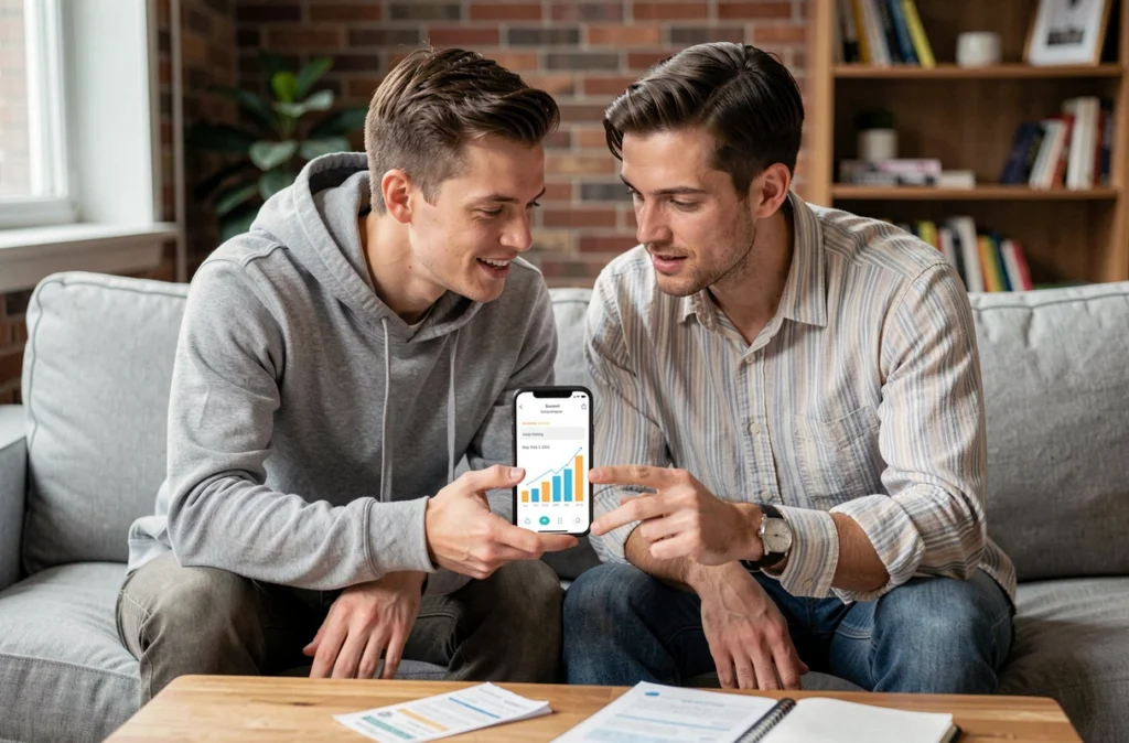 Couple gérant leur budget familial ensemble sur un smartphone assis sur un canapé dans un salon urbain cosy