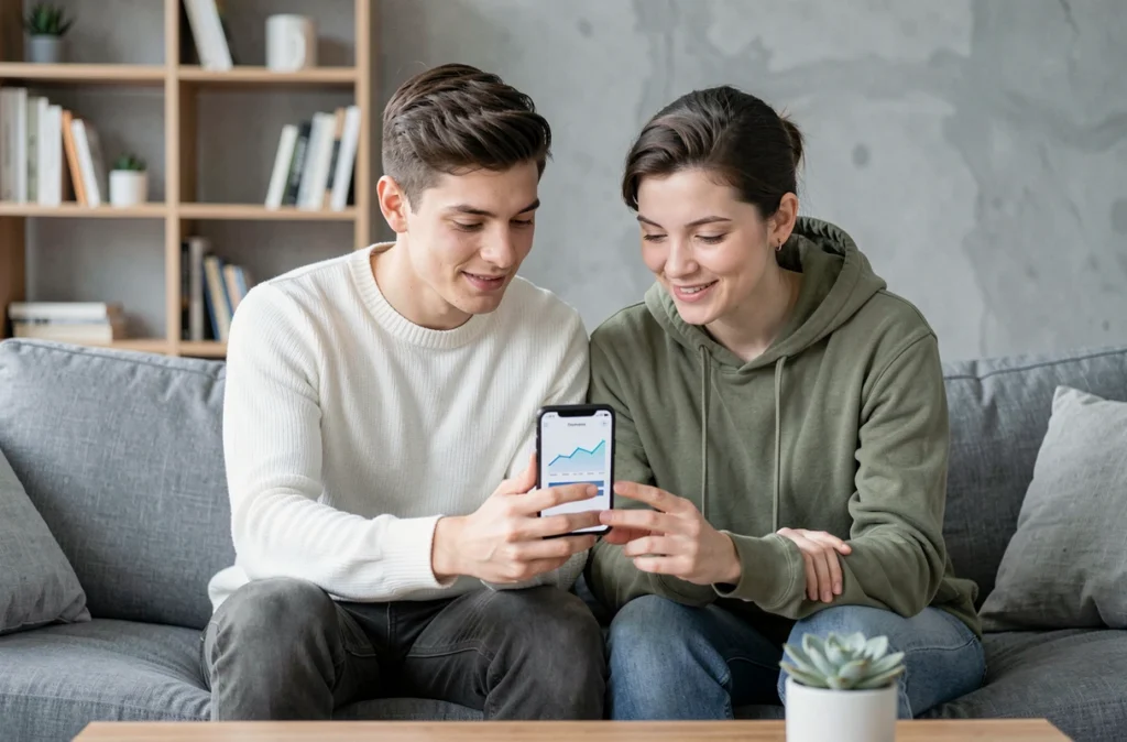 Jeune couple consultant leur épargne programmée sur un smartphone dans un salon minimaliste