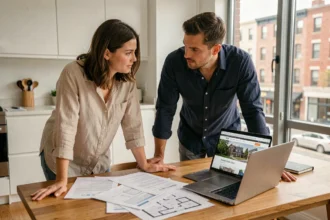 Couple étudiant des documents immobiliers sur une table en bois dans un appartement moderne