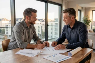 Couple étudiant un projet d'investissement immobilier en loi Pinel avec des plans et documents financiers sur une table moderne