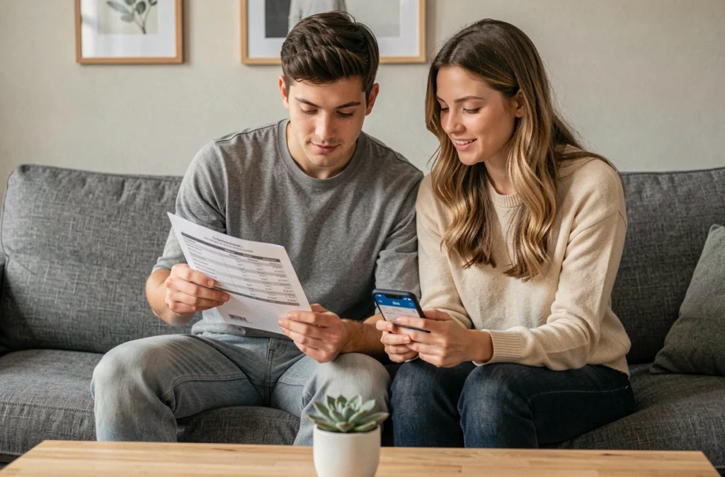 Un couple compare les offres bancaires pour diminuer leurs frais annuels ensemble à la maison