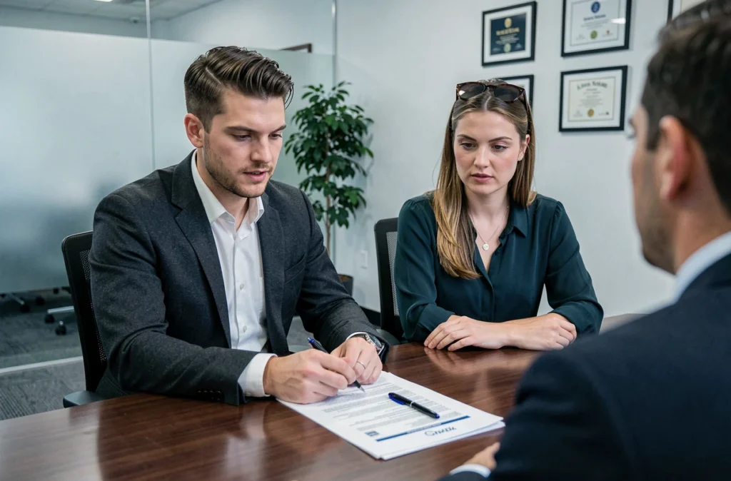 Couple signant un contrat de prêt immobilier avec un conseiller bancaire