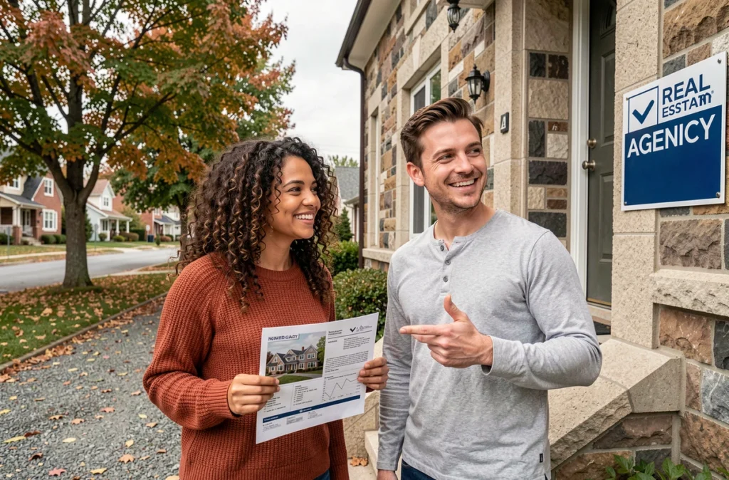 Jeune couple visitant une maison individuelle avec panneau d'agence immobilière en automne