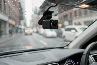 Dashcam installée sur le pare-brise d'une voiture avec vue sur la rue urbaine sous la pluie