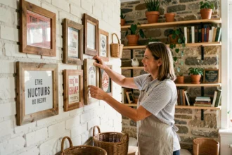 Femme arrangeant une décoration murale originale avec des cadres récupérés et objets vintage sur un mur en briques blanches