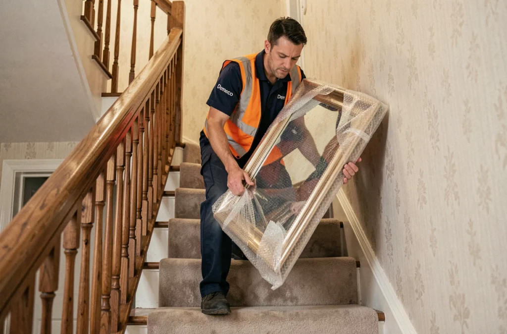 Déménageur Demeco descendant un miroir emballé dans du papier bulle dans l'escalier d'une maison