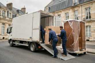 Équipe de déménageurs professionnels chargeant un camion dans une rue de Poitiers, Vienne