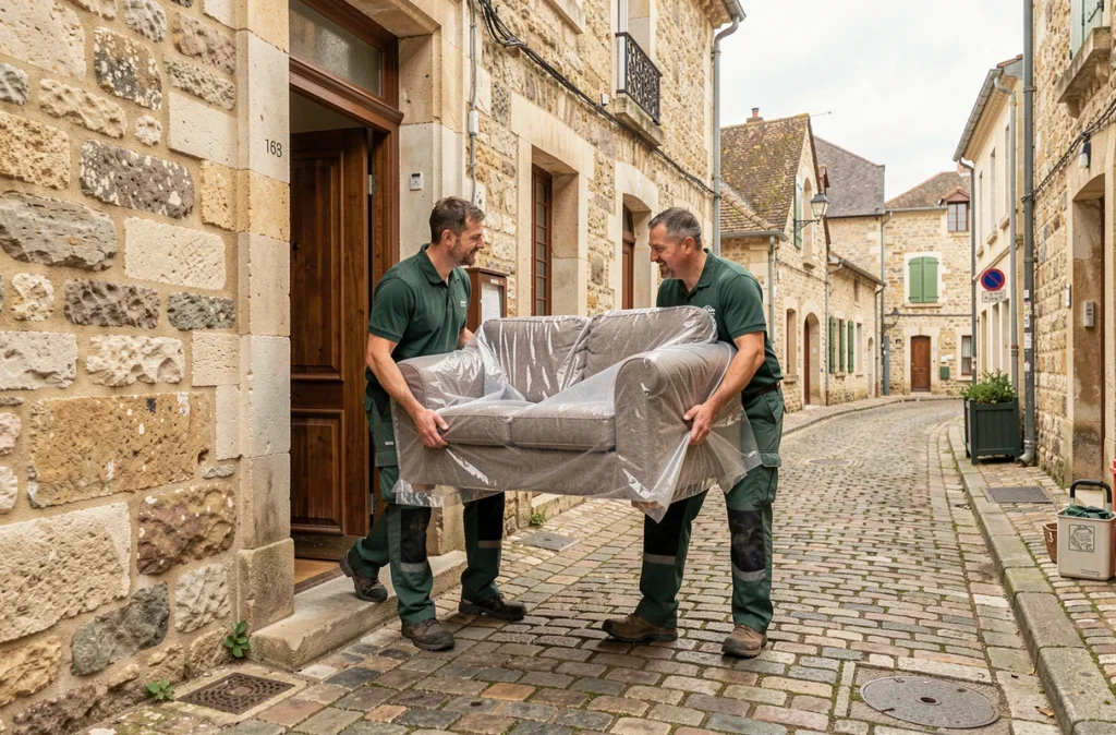 Deux déménageurs de Déménagements Poitevins portant un canapé protégé hors d'une maison en pierre à Poitiers