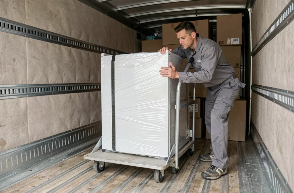Transporteur sécurisant un réfrigérateur emballé dans le camion de Déménagements Transports Barrere Gautier