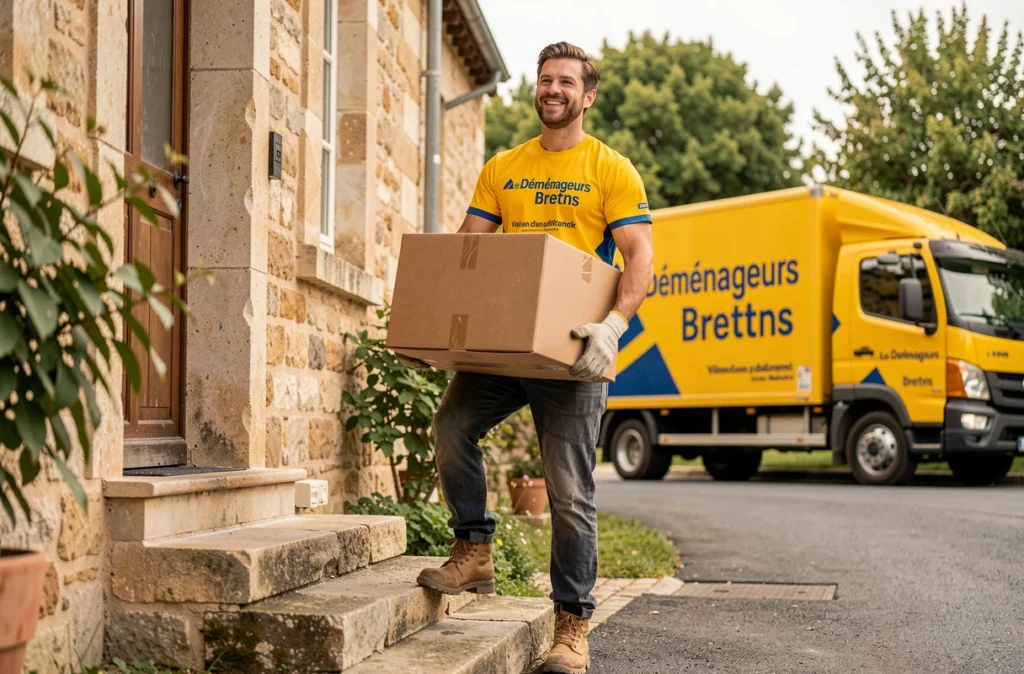 Déménageur des Déménageurs Bretons portant un carton devant une maison en pierre dans la Vienne