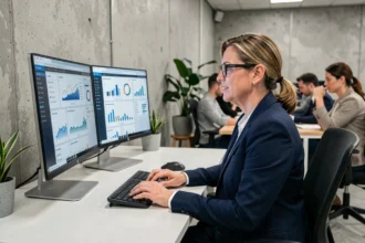 Femme dirigeante de PME analysant des tableaux de bord numériques sur deux écrans dans un bureau moderne