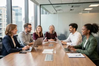 Équipe professionnelle diversifiée en réunion autour d'une table de conférence moderne dans un bureau contemporain