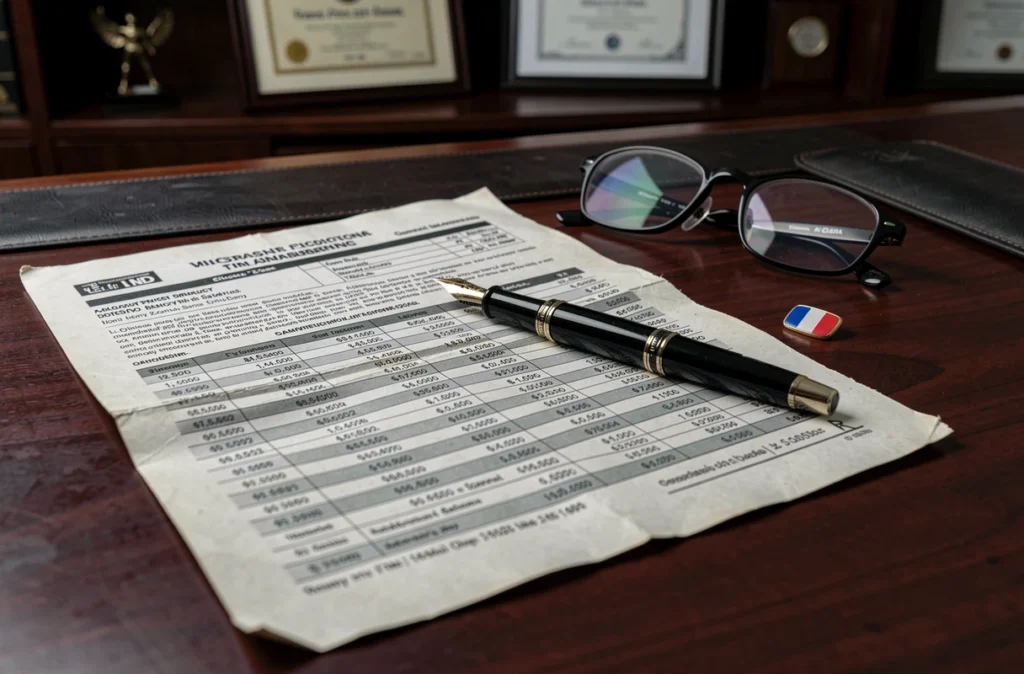 Documents financiers et rapport de rémunération sur un bureau en bois sombre, illustrant une enquête journalistique sur les revenus annexes d'une personnalité politique