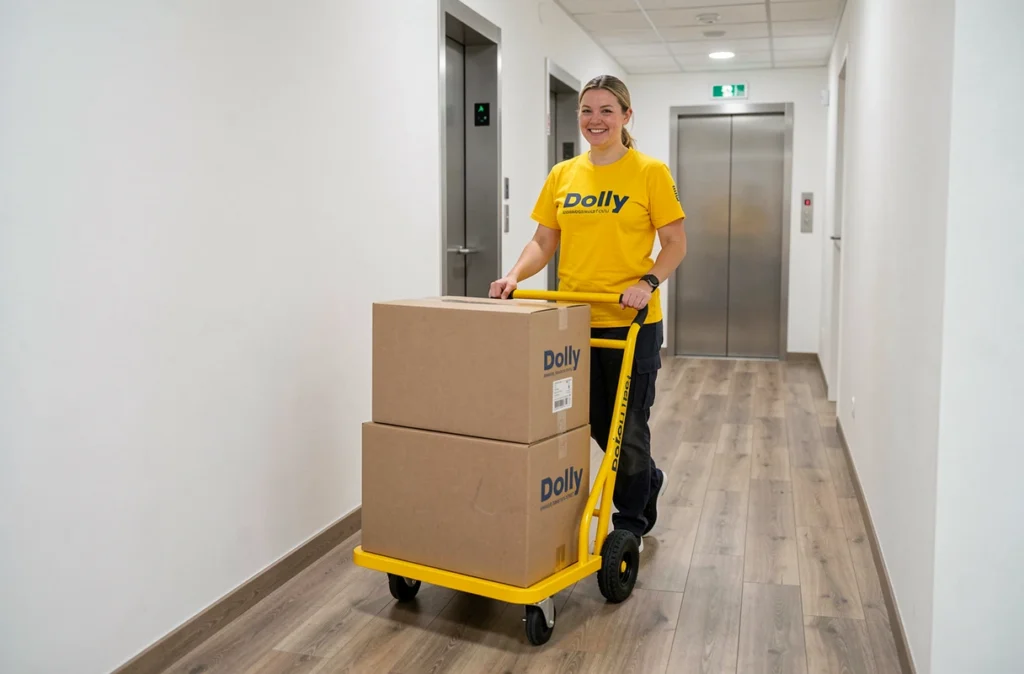 Déménageuse de Dolly Déménagement utilisant un diable jaune pour transporter des cartons dans un couloir d'immeuble à Poitiers