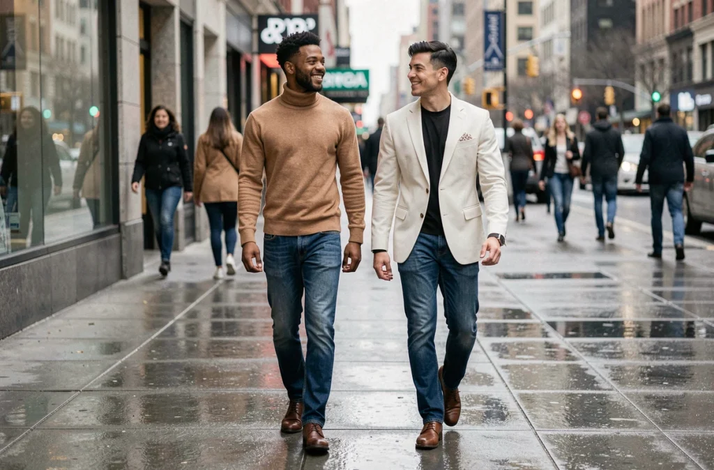 Deux amies marchant en ville portant des jeans bruts mixés avec des pièces élégantes camel et blanc, style mode casual chic