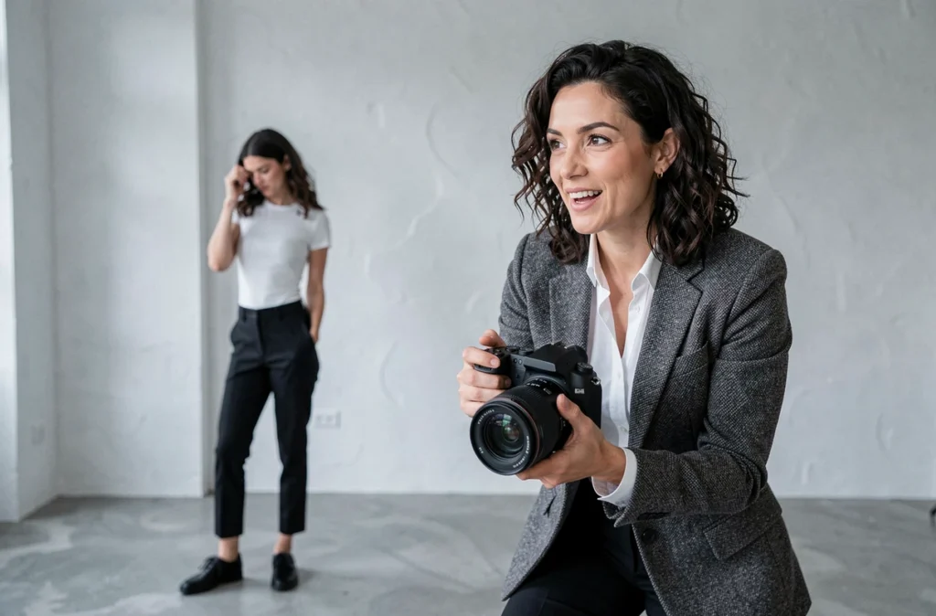 Elisabetta Gazziero, photographe portrait et mode à Lille, dirigeant une session photo dans son studio minimaliste
