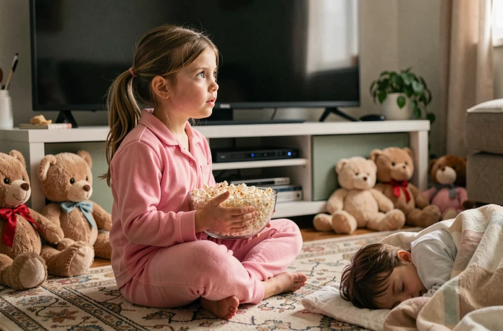 Petite fille en pyjama captivée par un film lors d'une soirée cinéma à la maison