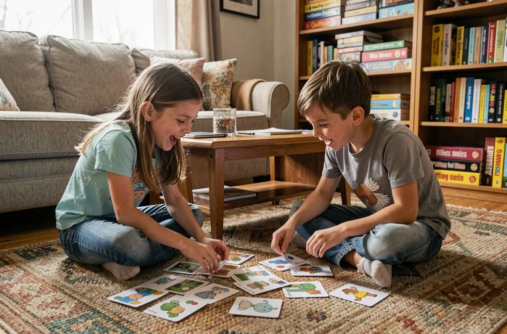 Deux enfants choisissant des activités pour leurs vacances scolaires à partir de fiches illustrées sur un tapis de salon