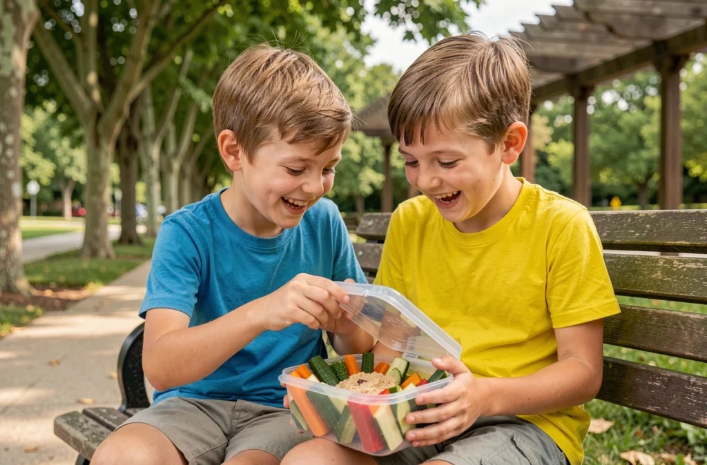 Deux enfants partageant une collation saine dans un parc lors d'un pique-nique familial, contenants réutilisables et légumes frais