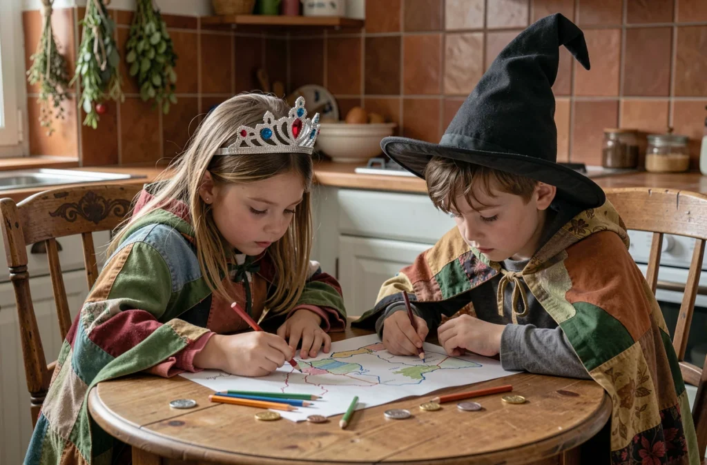 Deux enfants en costumes improvisés inventant un jeu de rôle autour d'une carte dessinée à la main sur une table de cuisine