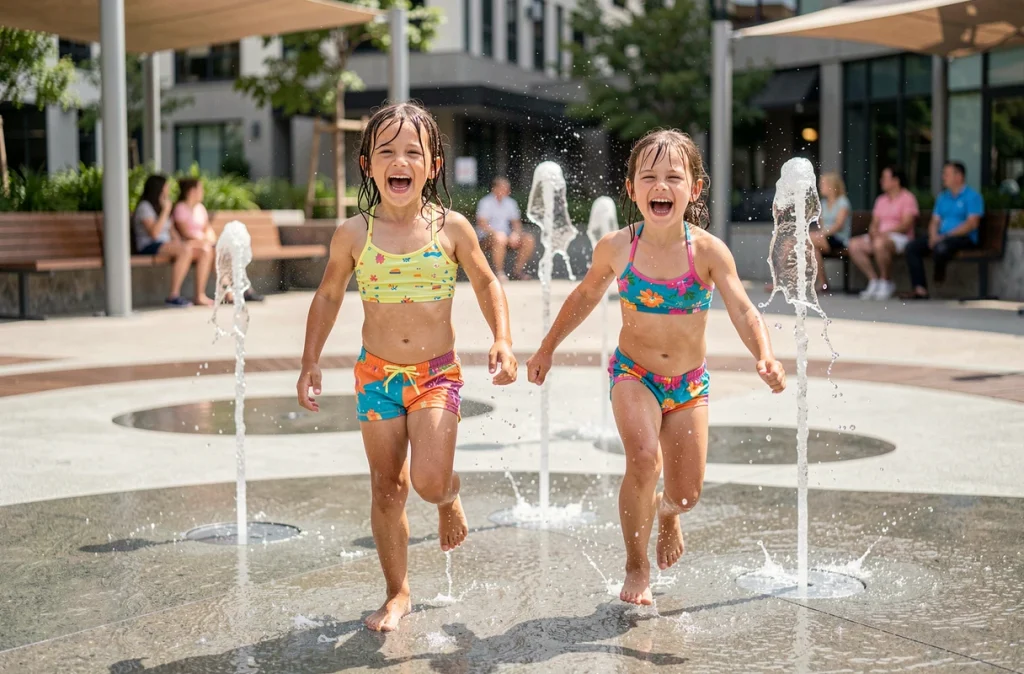 Enfants courant dans des jets d'eau au sol dans une aire de jeux aquatiques en ville par temps chaud