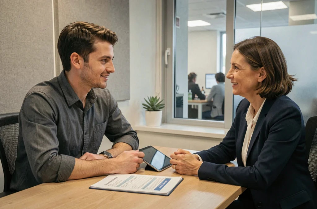 Entretien personnalisé entre une responsable RH et un nouveau collaborateur lors du processus d'intégration