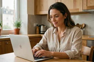 Femme consultant son épargne automatique sur un ordinateur portable dans une cuisine moderne parisienne
