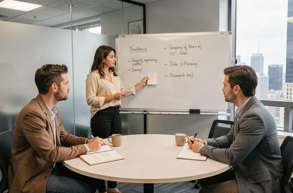 Équipe en séance de feedback collectif lors d'un processus d'évaluation annuelle en entreprise