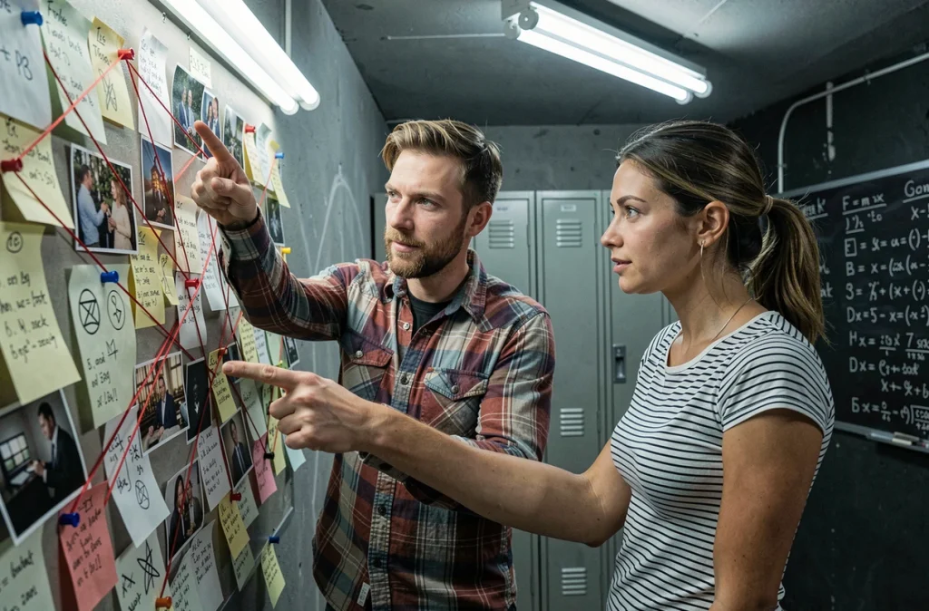 Deux joueurs collaborant face à un tableau d'indices dans une salle d'escape game thématique