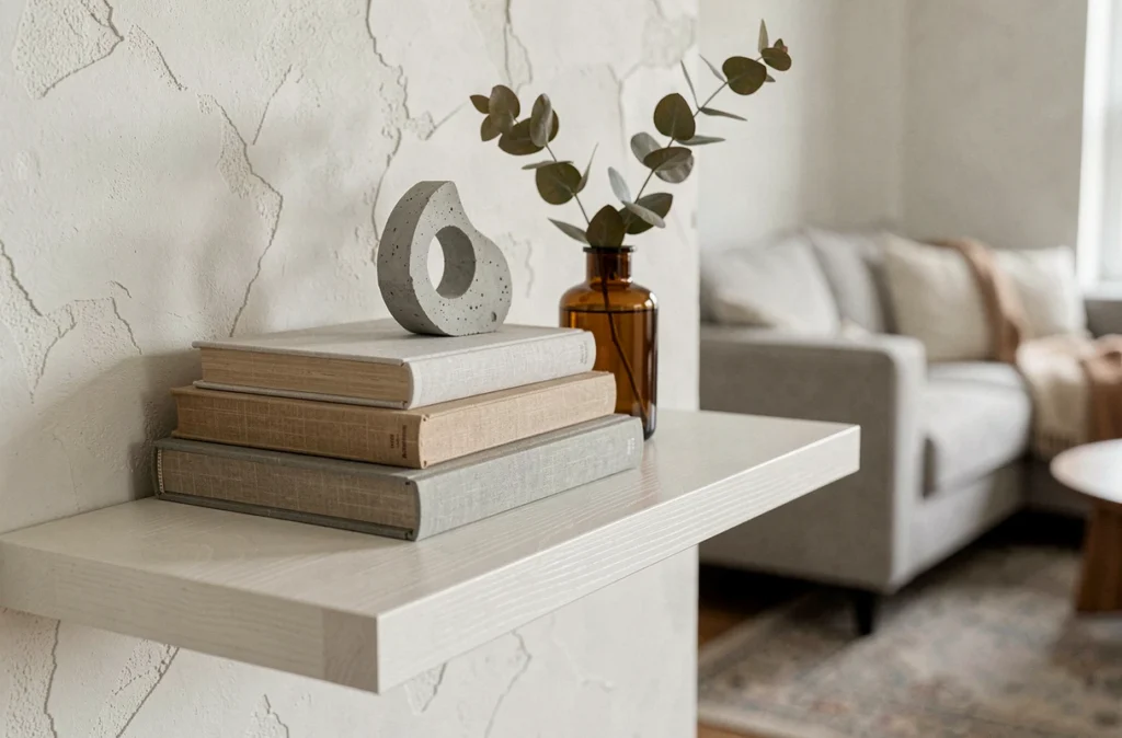 Gros plan sur une étagère minimaliste avec livres en lin, objet en béton et eucalyptus séché, illustrant une décoration épurée et confortable