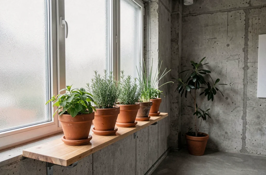 Étagère en bois avec des pots en terre cuite contenant diverses herbes aromatiques cultivées en intérieur près d'une fenêtre d'appartement