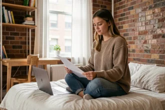 Étudiante dans un studio moderne consultant des documents sur son lit, logement étudiant contemporain avec briques apparentes