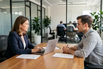 Réunion d'évaluation annuelle entre une manager et son collaborateur dans un bureau moderne