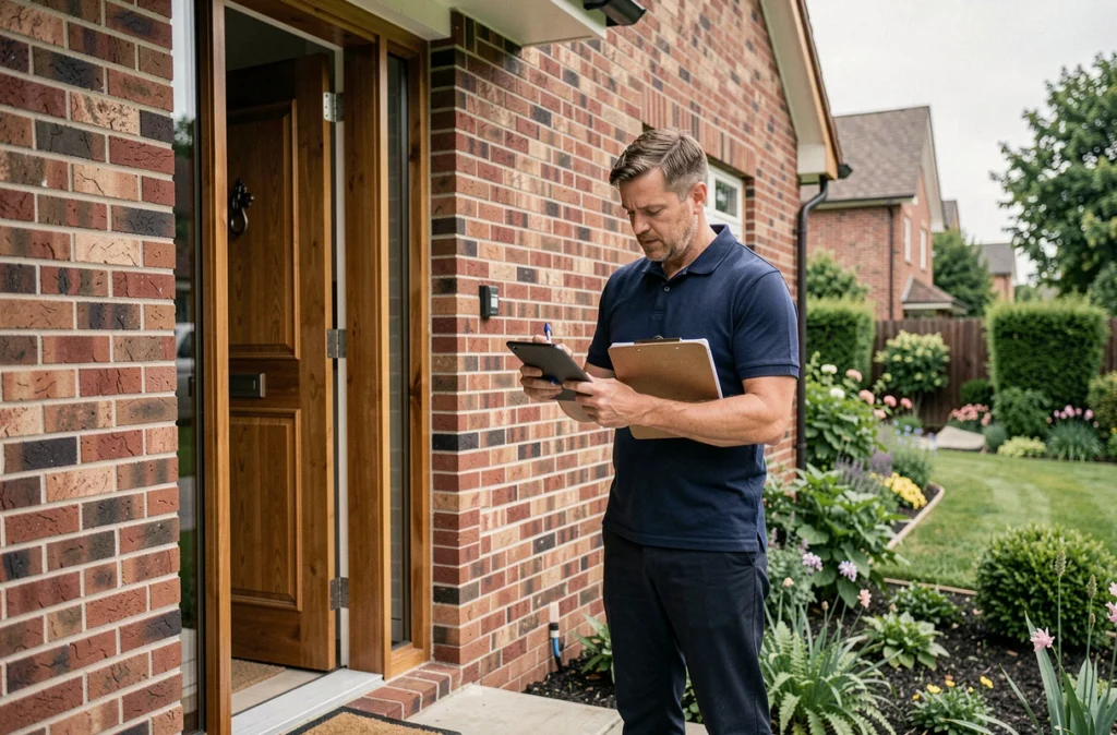 Expert en assurance réalisant une expertise à domicile sur tablette devant une maison de banlieue