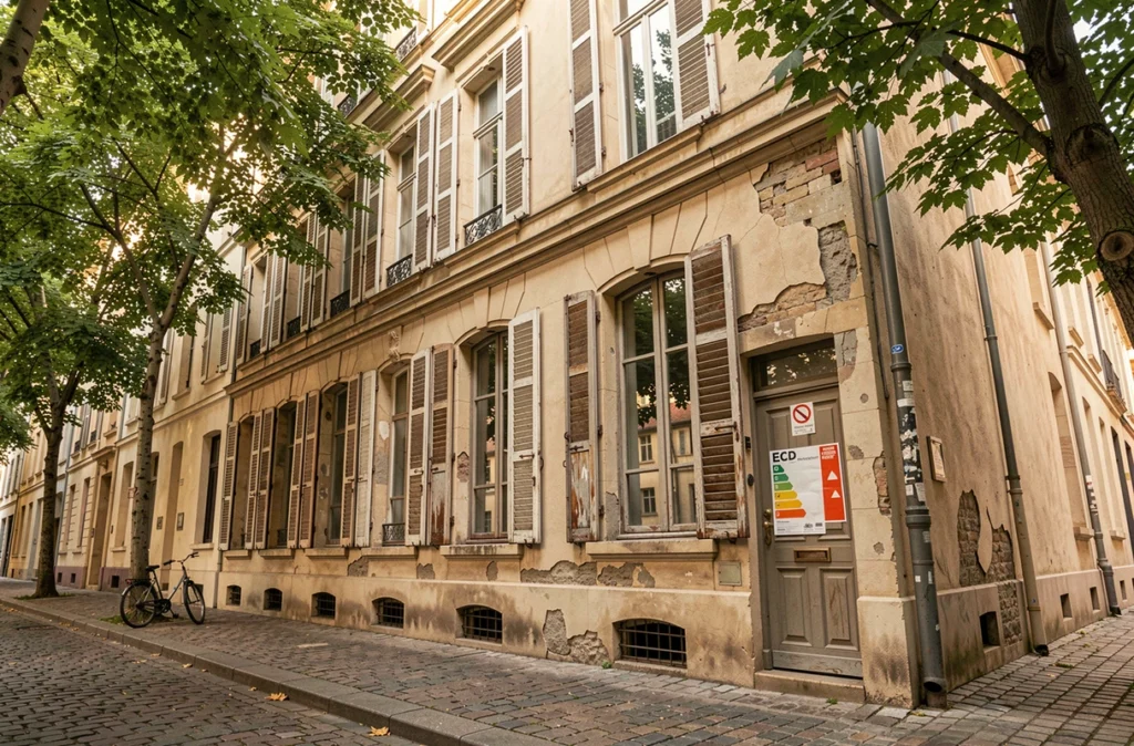 Facade d'immeuble ancien en ville française avec étiquette DPE collée près de l'entrée illustrant les nouvelles obligations des bailleurs