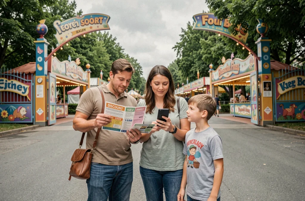 Famille à l'entrée du parc Bagatelle tenant des billets à prix réduit pour profiter des attractions en 2026