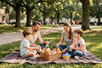 Famille installée sur une couverture à carreaux dans un parc pour un pique-nique estival avec panier en osier et repas faits maison