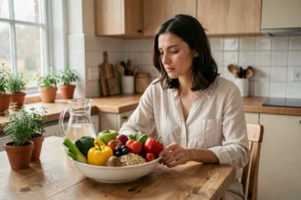 Femme pratiquant l'alimentation intuitive devant un bol coloré de légumes et de fruits dans une cuisine moderne