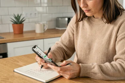 Jeune femme consultant une application de gestion de budget sur son smartphone à une table en bois dans une cuisine moderne