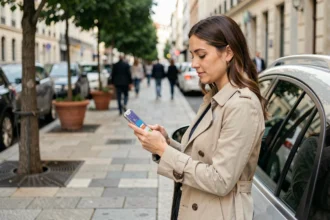 Femme utilisant une application mobile de stationnement sur smartphone dans une rue urbaine