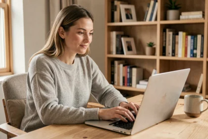Femme consultant des avis Funbooker sur son ordinateur portable avant de réserver une activité