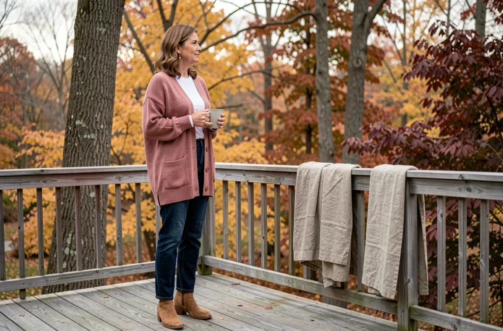 Femme en cardigan maille fine rose poudré sur une terrasse en bois entourée de feuillage automnal coloré