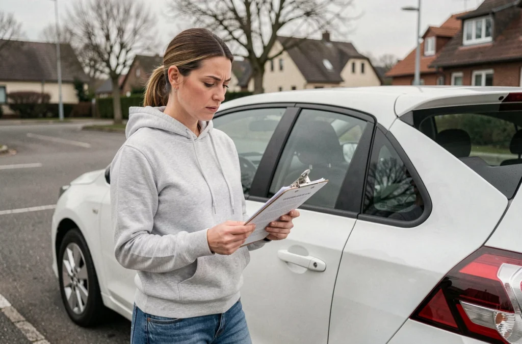 Femme vérifiant la liste de contrôle de son véhicule avant le passage au contrôle technique