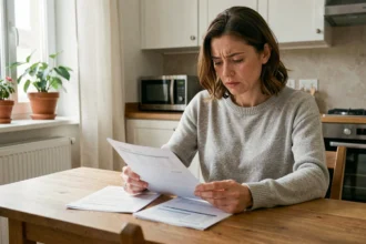 Une femme compare ses relevés bancaires pour réduire ses frais annuels à domicile