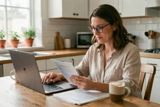 Femme consultant son contrat d'assurance habitation sur un ordinateur portable dans une cuisine moderne