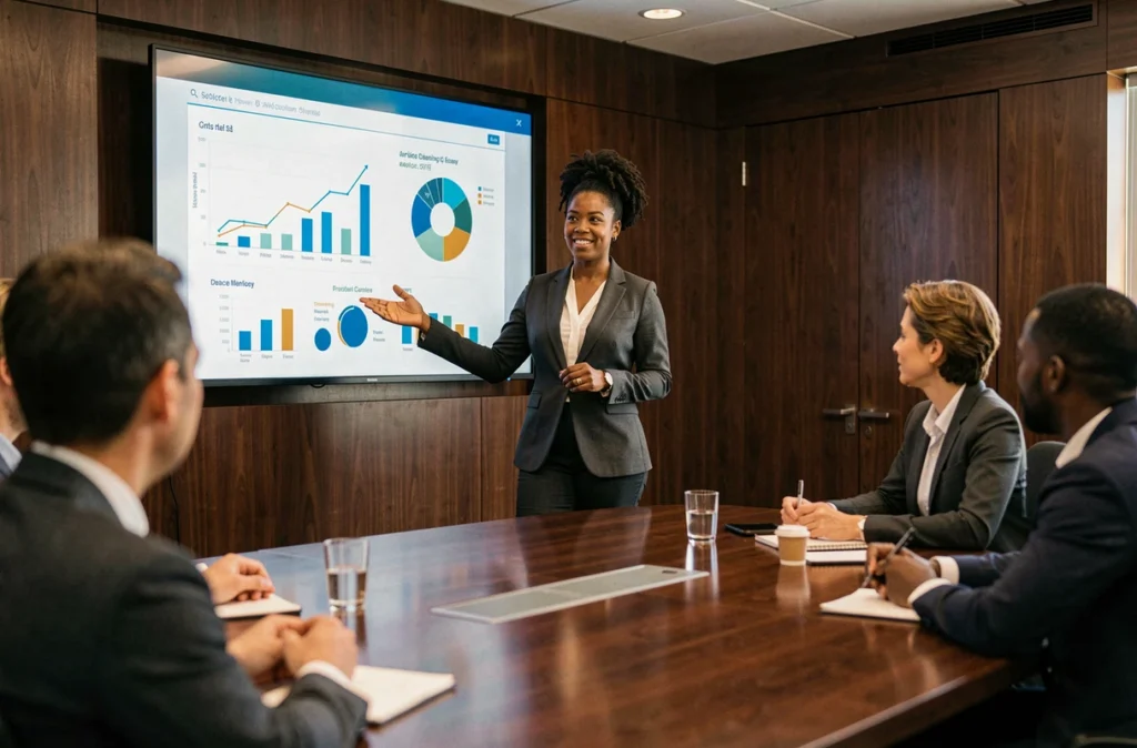 Femme cadre dirigeante présentant une stratégie de diversité lors d'une réunion de direction en entreprise