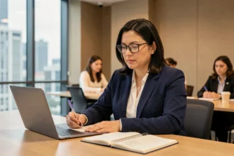 Femme en formation professionnelle continue prenant des notes dans une salle de conférence moderne