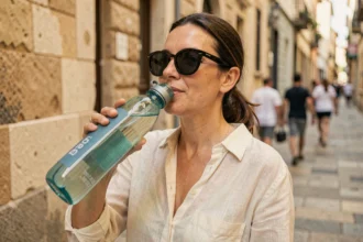 Femme en ville buvant de l'eau en pleine chaleur estivale pour rester hydratée