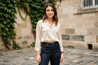 Femme en jean brut et blouse en soie ivoire dans une cour parisienne en pierre, style casual chic élégant