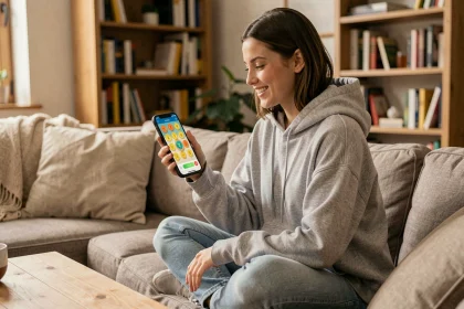 Jeune femme jouant à Monopoly Go sur smartphone dans un salon cosy, découvrant les bonus cachés du jeu